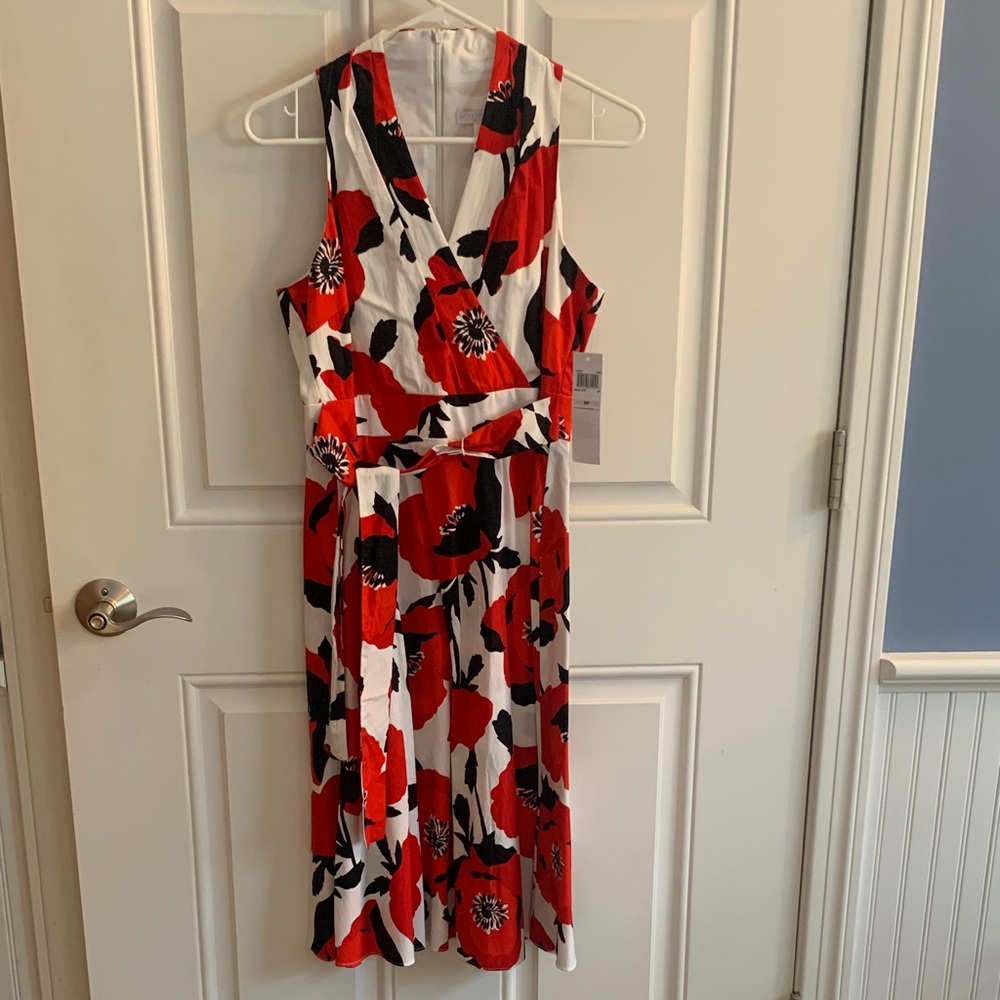 London Times Vibrant Red and Black Floral Midi Dress